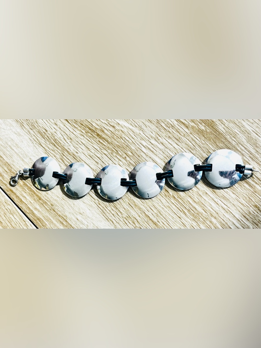 Silver Disc Sterling and Leather Link Bracelet